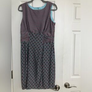Roz & Ali New geometric dress sleeveless‎ ruched waist pink blue women’s size 12